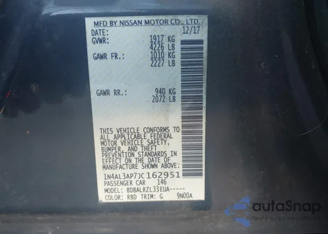 2018 Nissan Altima 2.5 Sl z USA, uszkodzony, nr VIN 1N4AL3AP7JC162951